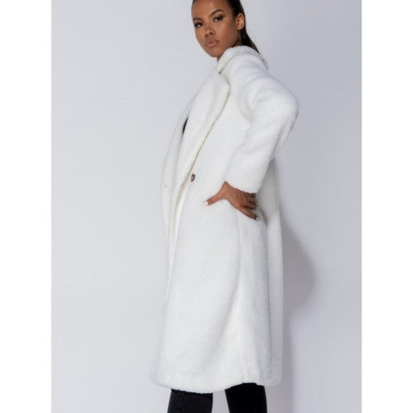 White Long Sleeve Double Breasted Loose Fit Long Maxi Teddy Bear Fur Coat - Picture 7 of 16